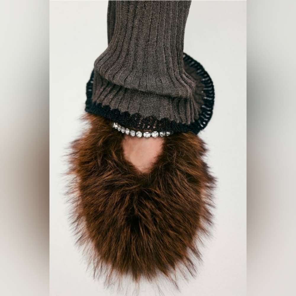 H&M Brown Faux Fur Slippers with Rhinestone Accent